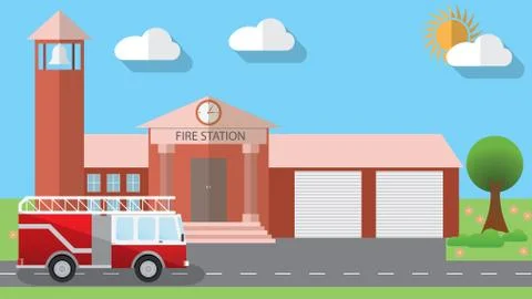 Flat design vector illustration of fire station building and parked fire truc 스톡 일러스트