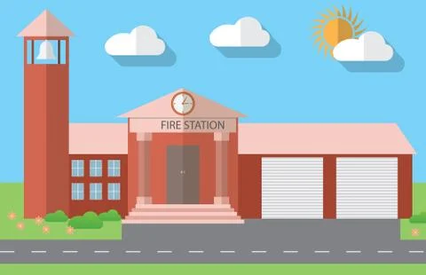 Flat design vector illustration of fire station building in flat design style Illustrazione stock