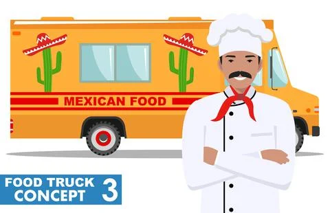 Flat design vector illustration of food truck and cook, head chef in uniform. Illustrazione stock
