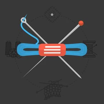 Flat design vector illustration for handmade. Knitting Blue skein with cro... 写真素材