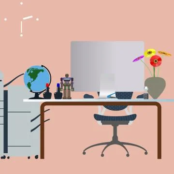 Flat design vector illustration of modern creative office workspace with comp Stock Illustration