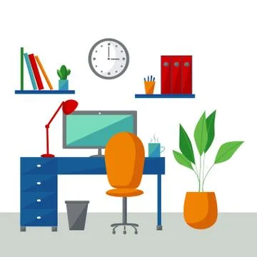 Flat design vector illustration of modern home office interior with designer Illustrazione stock