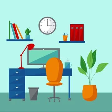 Flat design vector illustration of modern home office interior with designer Illustrazione stock