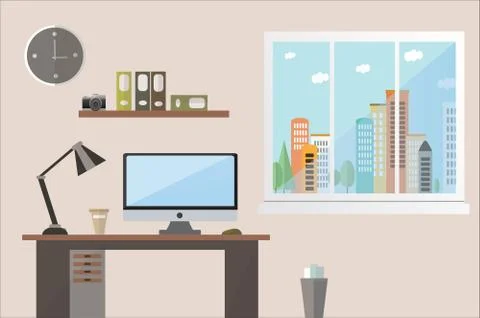 Flat design vector illustration of an office work space brown shades overlooking Stock Illustration