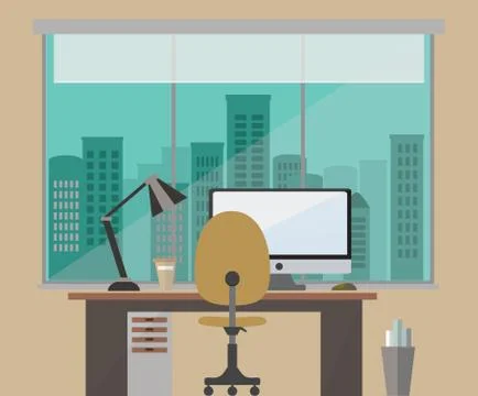 Flat design vector illustration of an office work space brown shades overlooking Stock Illustration