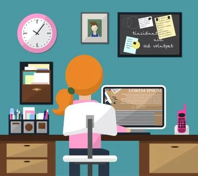 Flat design vector illustration of room with workspace. Girl at work. Vector Stock Illustration
