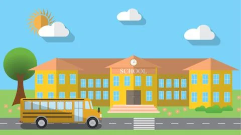 Flat design vector illustration of school building and parked school bus in f Ilustración de archivo