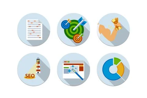 Flat design vector illustration six icons set of SEO Stock Illustration