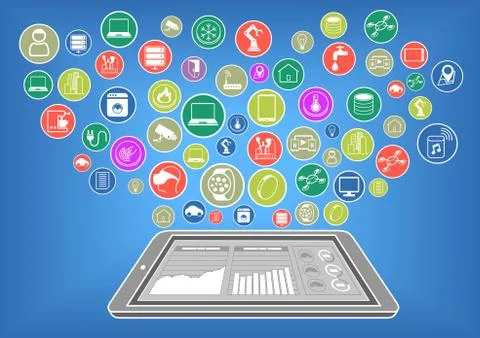 Flat design vector illustration of smart phone and internet of things Stock Illustration