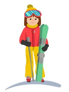 Flat design vector illustration of young woman from the mountain by ski equipped Stock Illustration