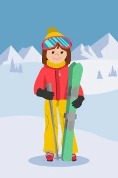 Flat design vector illustration of young woman from the mountain by ski equipped Stock Illustration