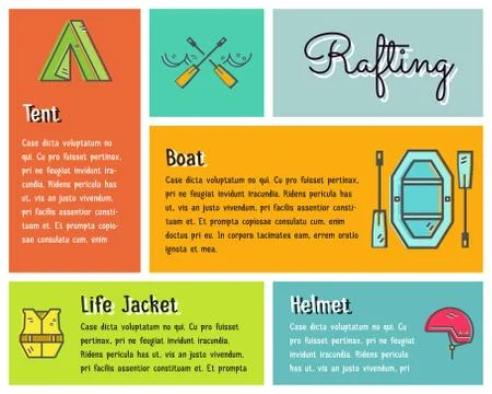 Flat design vector infographics of kayaking, canoe equipment with text, icons Stock Illustration