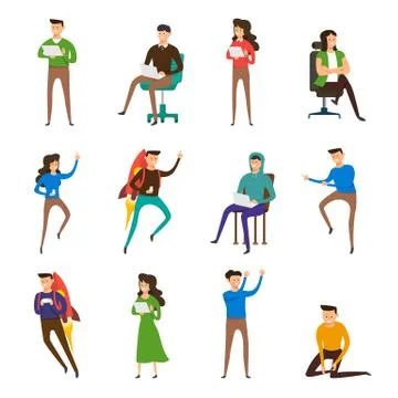Flat design vector set concept young people working with computer and mobile 스톡 일러스트