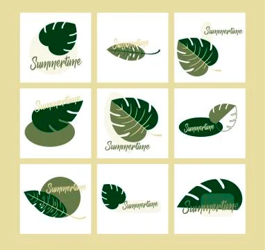 Flat design vector set of logos with exotic leaves. Closeup. The beautiful le Stock Illustration