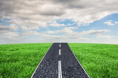 Flat design vector showing straight asphalt road reaching horizon with green Stock Illustration