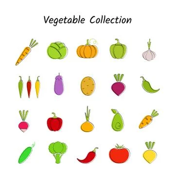 Flat design vegetable icon set with black contour Stock Illustration