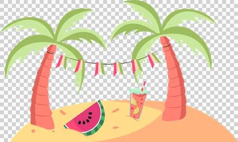 Flat design vignette is showing palms with pennant flags, watermelon, drink, Stock Illustration