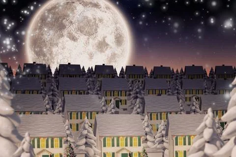 Flat design village is showcasing snowcapped houses, pine trees with lights Stock Illustration