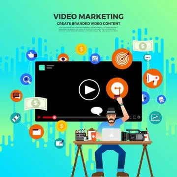 Flat design vlog concept. Create video content and make money. Vector illustr Stock Illustration