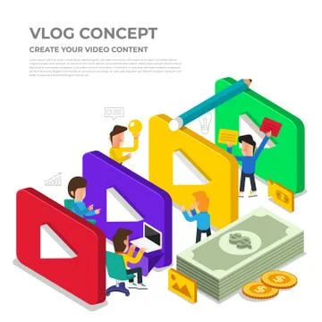 Flat design vlog concept. Create video content and make money. Vector illustr Stock Illustration