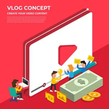 Flat design vlog concept. Create video content and make money. Vector illustr Stock Illustration