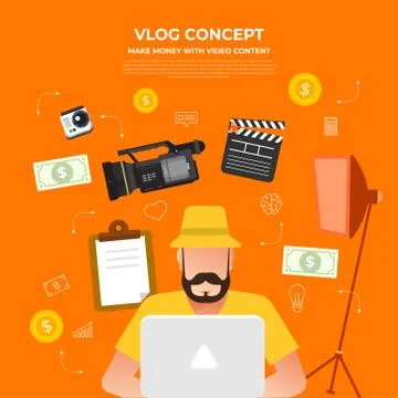 Flat design vlog concept. Create video content and make money. Vector illustr Stock Illustration