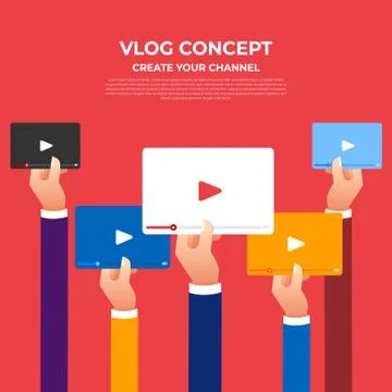 Flat design vlog concept. Create video content and make money. Vector illustr Stock Illustration