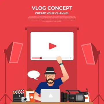 Flat design vlog concept. Create video content and make money. Vector illustr Stock Illustration