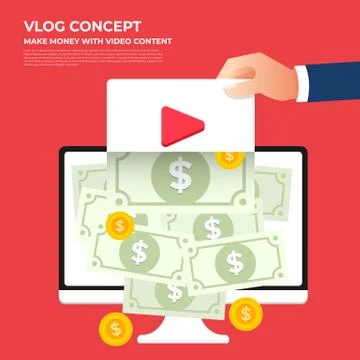 Flat design vlog concept. Create video content and make money. Vector illustr Stock Illustration