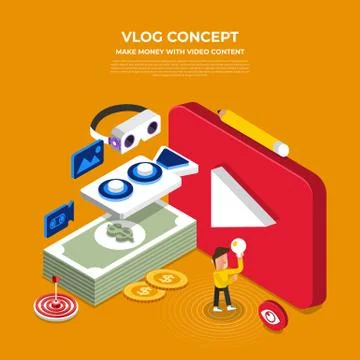 Flat design vlog concept. Create video content and make money. Vector illustr Stock Illustration