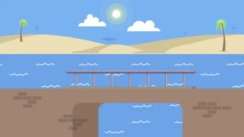 Flat design waterfront with pier and city skyline ocean Stock Footage 340471528
