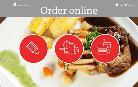 Flat design web interface is showing rack of lamb with roasted potatoes and red Stock Illustration