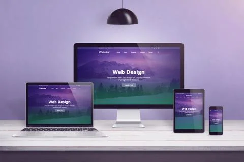 Flat design web site concept on multiple devices. Work desk with laptop, comp Stock Photos