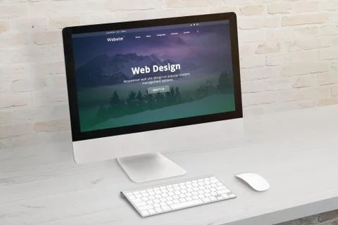 Flat design web site presentation on modern computer display. Concept of web  Stock Photos