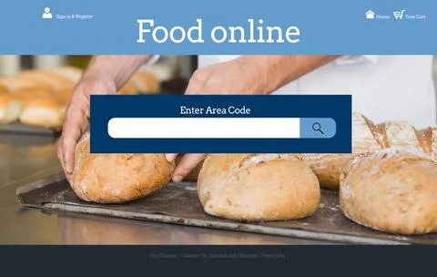 Flat design web UI overlaying bakery featuring baker hands arranging crusty Stock Photos
