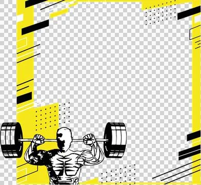 Flat design weightlifter is lifting barbell inside yellow border on transparent Stock Illustration