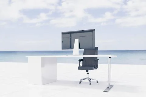 Flat design white desk is sitting on tiled terrace overlooking sea with monitor Stock Photos