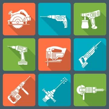 Flat design white silhouette house remodel power tools icons Stock Illustration