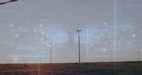 Flat design wind turbine rotating on grassy plain while glowing network lines Stock Footage 307468848