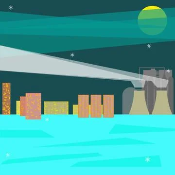 Flat design with winter urban landscape and industrial factory buildings. Vec Ilustración de archivo