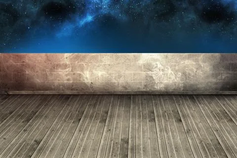 Flat design wooden deck and brick wall are showing deep starry night sky with Stock Illustration