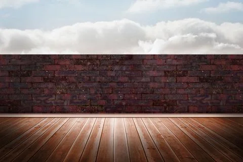 Flat design wooden deck is extending to red brick wall under bright sky with Stock Illustration