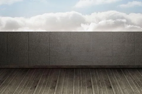 Flat design wooden deck is extending toward gray stone-tiled wall under fluffy Stock Photos