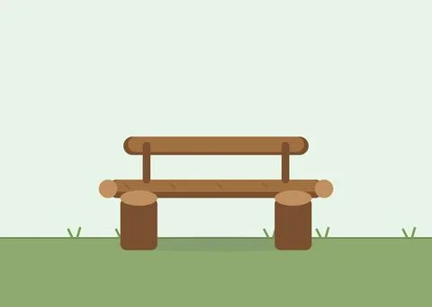Flat design wooden log bench on lush green grass field, peaceful park scene Ilustración de archivo