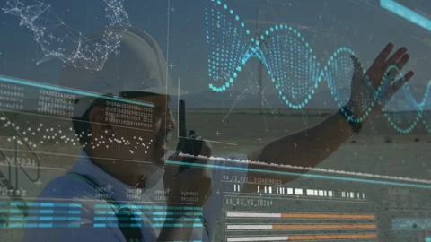 Flat design worker is standing on coastal platform with radio and pointing with Stock Footage 332685944