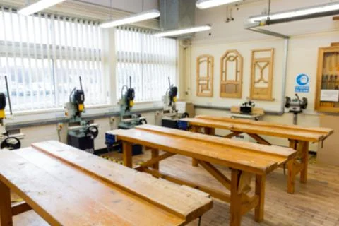 Flat design workshop is showcasing workbenches, drill presses, window blinds, Stock Photos