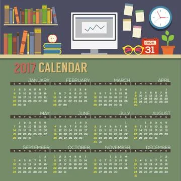 Flat Design Workspace 2017 Printable Calendar Starts Sunday Vector Illustrati イラスト素材