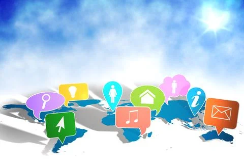 Flat design world map is floating under blue sky with colorful pin and speech 스톡 일러스트