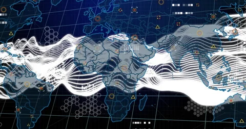 Flat design world map interface showing undulating waveform data streams with Stock Footage 307464985