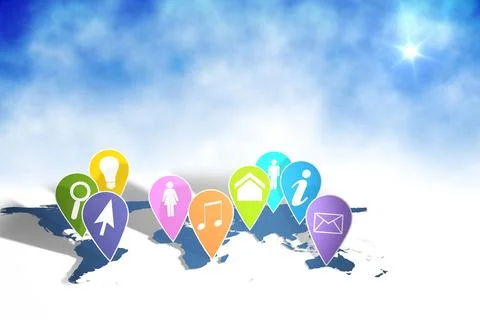 Flat design world map is showing nine colorful pins with icons on cloudy Stock Illustration